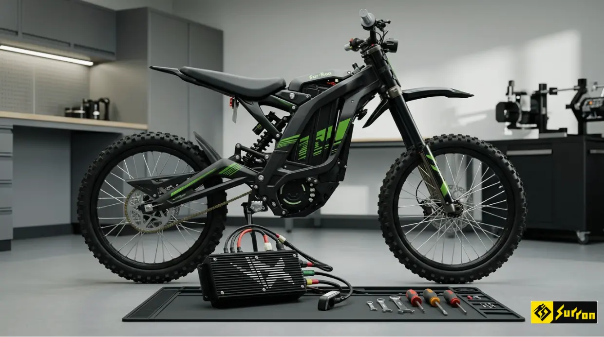 A workshop with an electric dirt bike, with EBMX Surron Controller