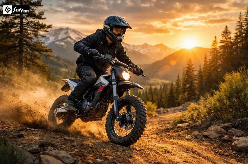 surron mini bike riding on road